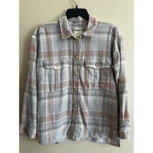 American Eagle Oversized Plaid Flannel Shacket Soft Neutral Cozy Shirt Jacket